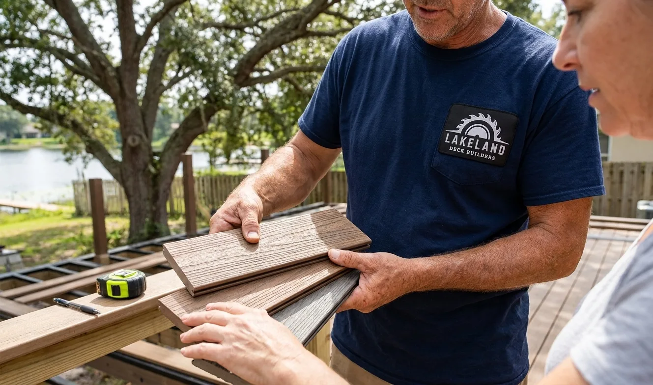 Lakeland Deck Builders contractor showing composite decking samples
