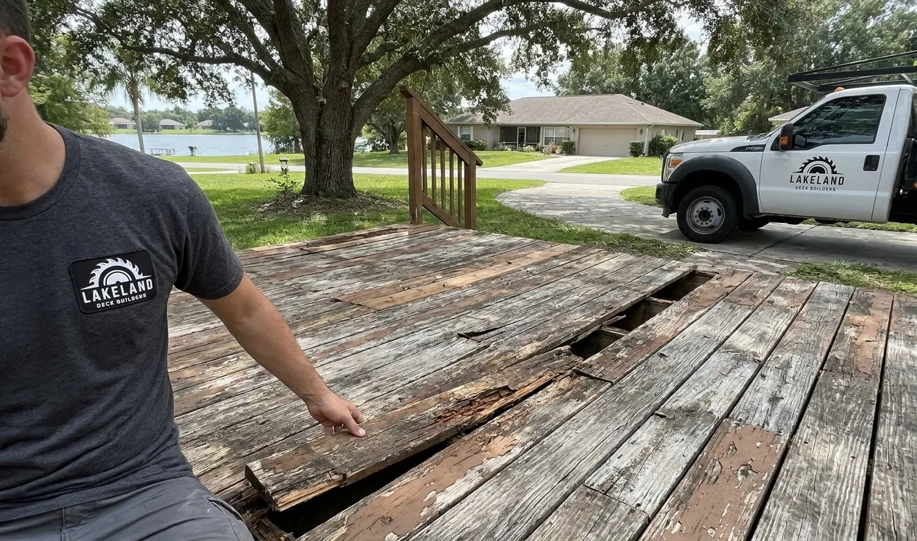 Old weathered wood deck in Lakeland in need of repair, staining and sealing